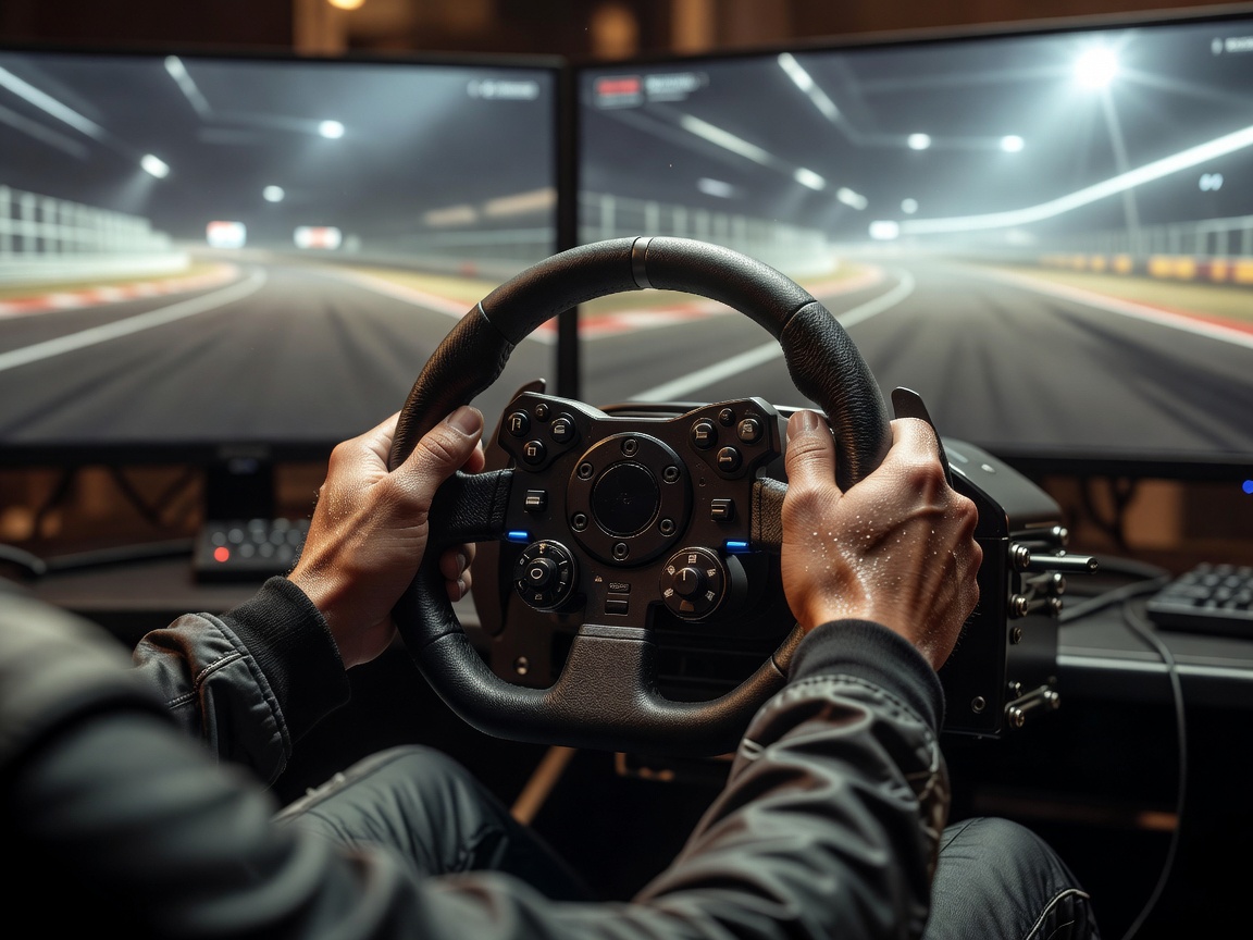 Close-up of a sim racer’s hands making a measured steering input, with the track softly out of focus