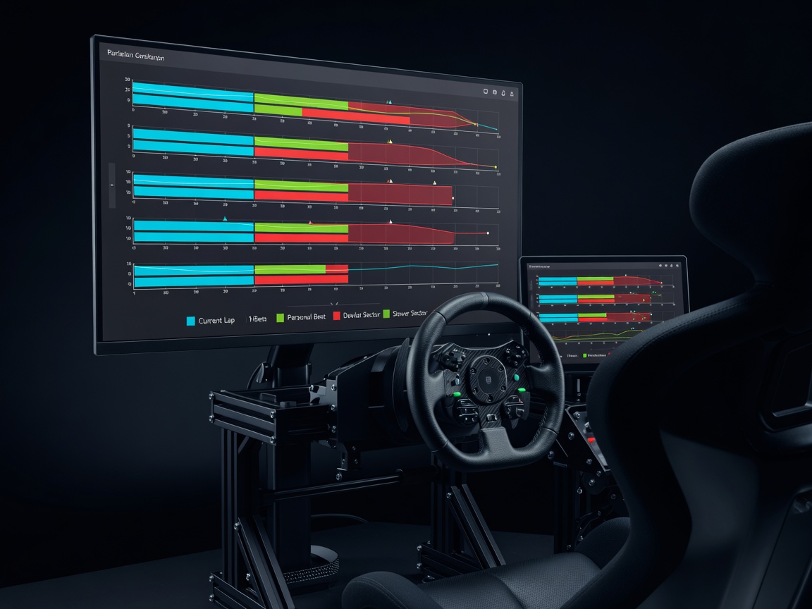 Sim racing display showing a lap timing comparison beside a softly blurred steering wheel