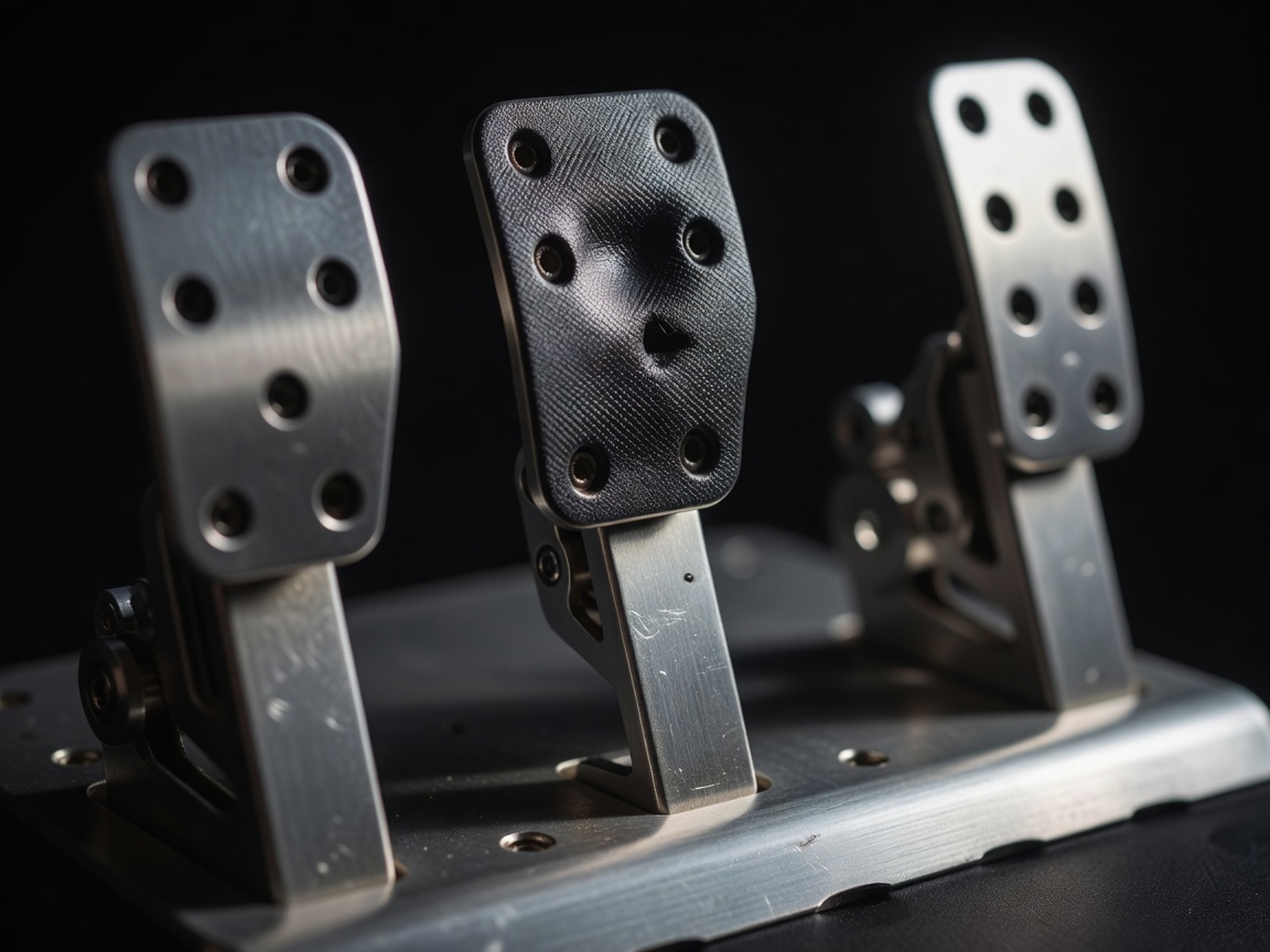 Close-up of sim racing brake and throttle pedals under warm workshop light