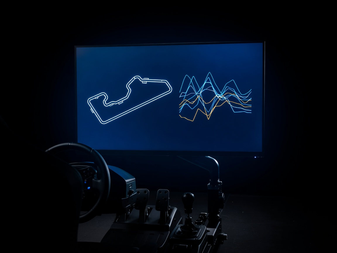 Track map and telemetry display beside a sim racing wheel, viewed in warm low light