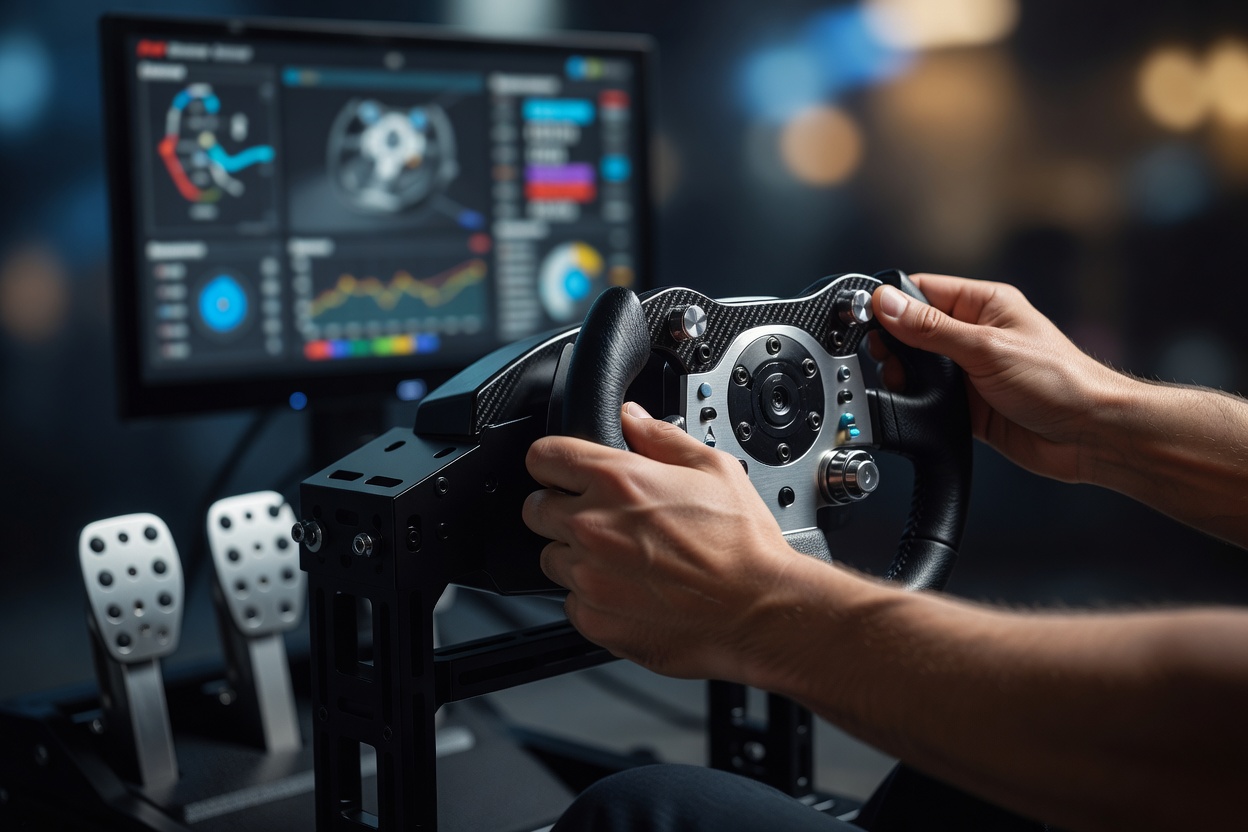 Hands adjusting a racing simulator control while a telemetry screen sits in soft focus